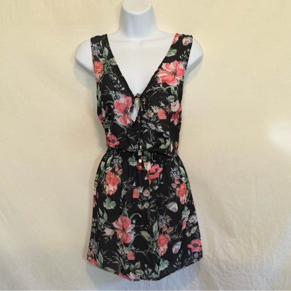 D-96 Becca Black & Pink‎ Floral Sleeveless Summer Dress Size M